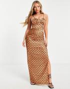First Distraction The Label Satin Ruched Midi Dress With Thigh Split In Geo Print-multi