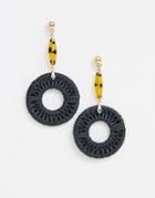 Asos Design Earrings With Tortoiseshell Bar And Woven Rope Open Circle In Gold Tone - Gold