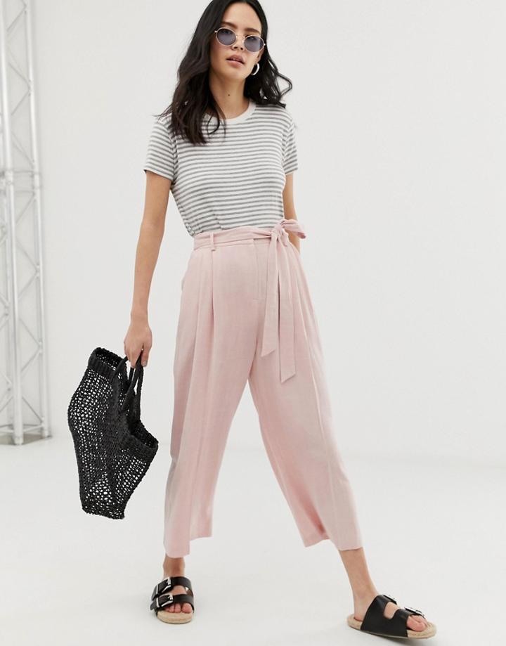 Asos Design Linen Touch Culottes With Tie Waist And Turn Up-pink