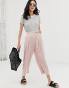 Asos Design Linen Touch Culottes With Tie Waist And Turn Up-pink