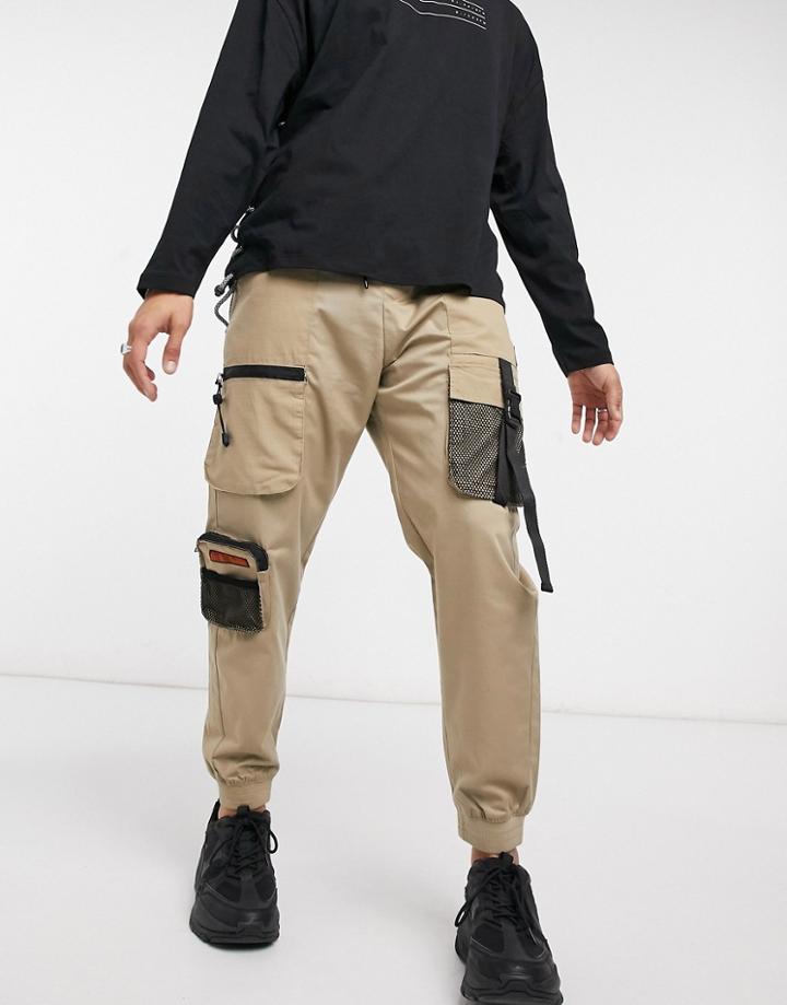 Bershka Cargo Sweatpants With Mesh Detail In Beige-neutral