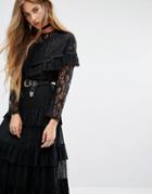 Navy London Crew Neck Top With Double Frill And All Over Lace Detail - Black