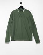 Asos Design Organic Long Sleeve Tipped Pique Polo Shirt In Khaki-green