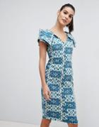 Vesper Printed Pencil Dress With Puff Sleeves - Green