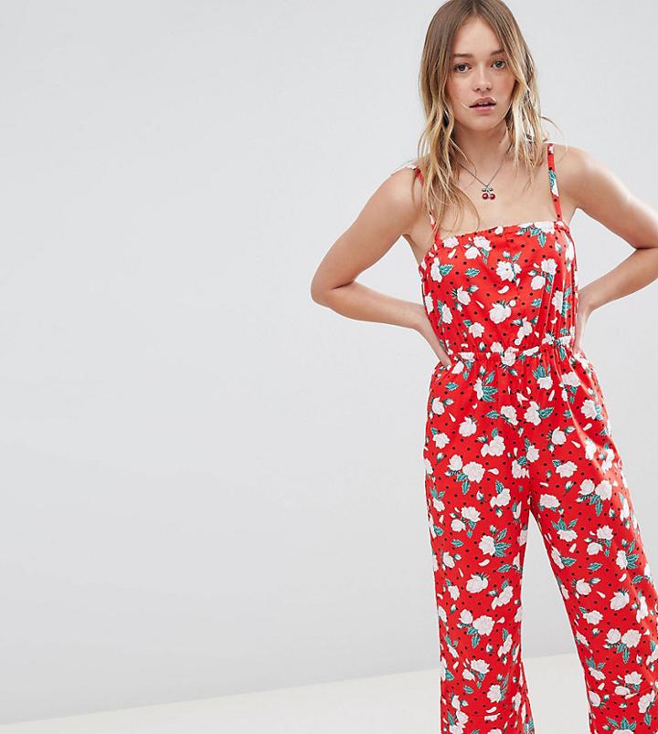 Monki Floral Polka Dot Strappy Jumpsuit-red