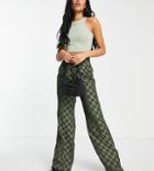Missguided Tall Satin Checkerboard Pants In Khaki - Part Of A Set-green