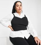 Vero Moda Curve Shirt With Overlay Vest In Black And White-multi