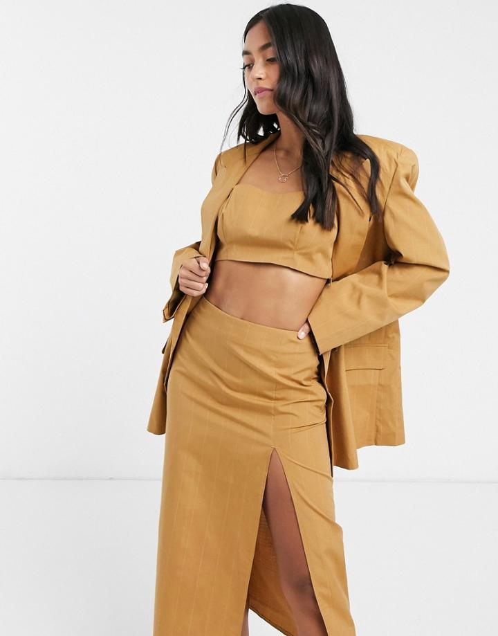 Asos Design 3 Piece Dad Suit Blazer In Camel Pinstripe-multi