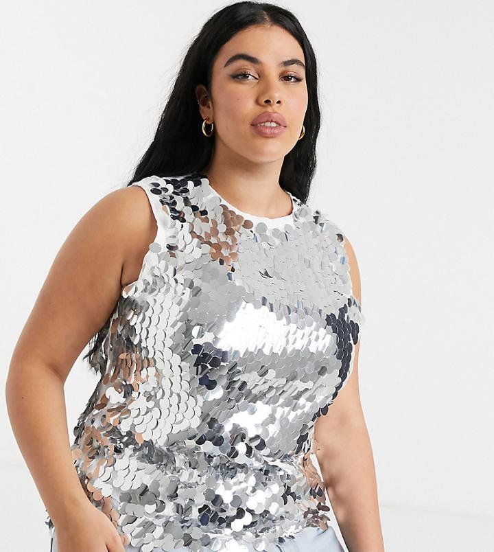 Never Fully Dressed Plus High Neck Sequin Disc Top In Silver