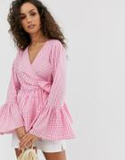 Asos Design Wrap Top In Cotton With Fluted Sleeve In Pink Gingham Check Print-multi