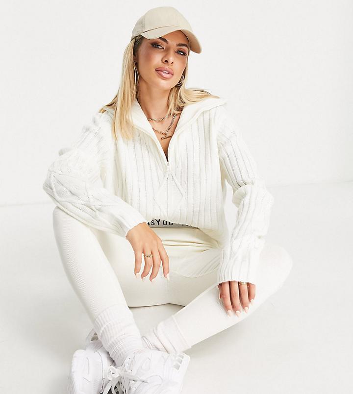 Asyou Zip Funnel Cable Sweater In White-brown
