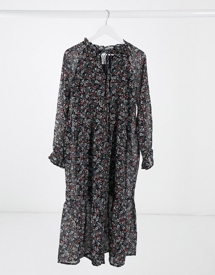 Violet Romance Tie Neck Midaxi Smock Dress In Floral Print-multi