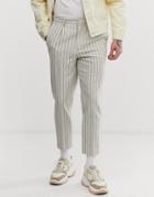 Asos Design Tapered Crop Smart Pants In Off White Wool Mix Stripe - White