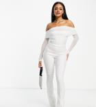 Asyou Mesh Bardot Flare Jumpsuit In White