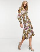 Y.a.s Midi Dress With Square Neck And Shirred Body In Floral Print-multi