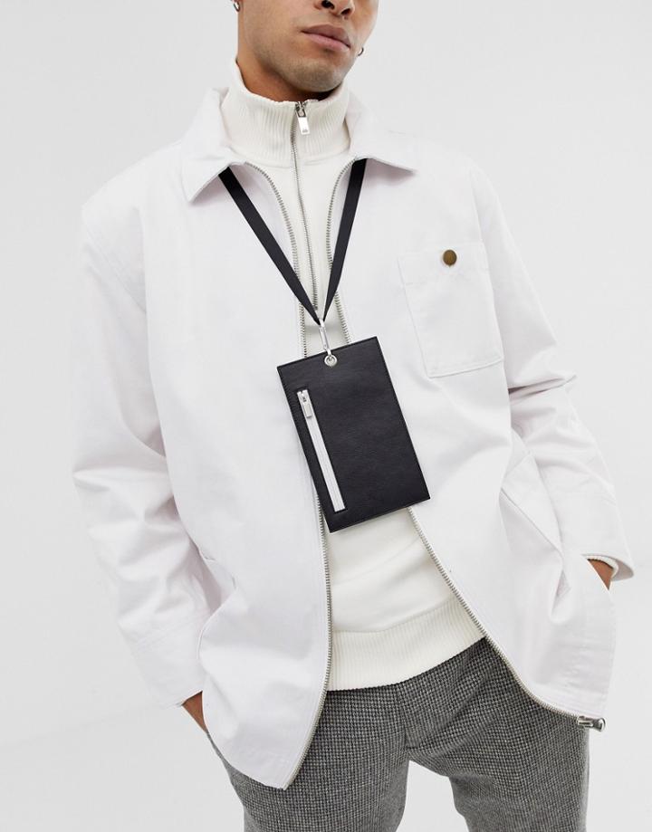 Asos Design Leather Neck Wallet With Phone Pouch And Lanyard In Black