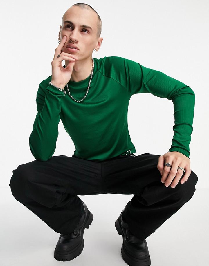 Asos Design Muscle Long Sleeve T-shirt In Rib With Raglan Sleeves In Green