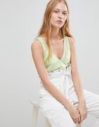 Asos Design Tank With V-neck In Linen Mix - Green