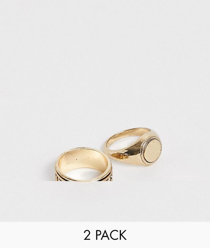 Asos Design Ring 2 Pack With Roman Numerals In Gold Tone - Gold