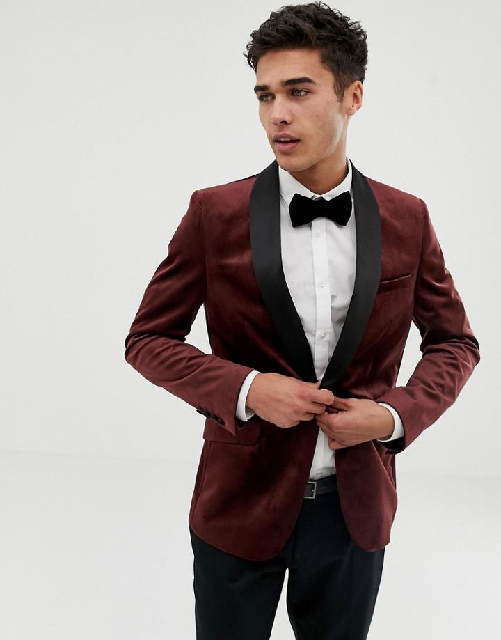 Burton Menswear Velvet Blazer In Burgundy - Red