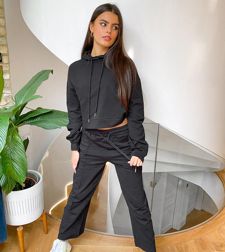 Asos Design Petite Tracksuit Hoodie / Straight Leg Sweatpants With Pintucks In Black