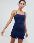 Love Triangle Square Neck Detail Mini Dress In All Over Crochet-navy
