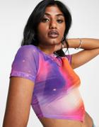Asos Design Recycled Blend Short Sleeve Mesh Top With Scarf Hem In Galaxy Print-multi
