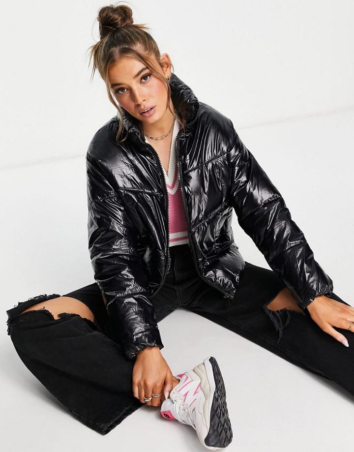 New Look Wet Look Boxy Puffer Jacket In Black