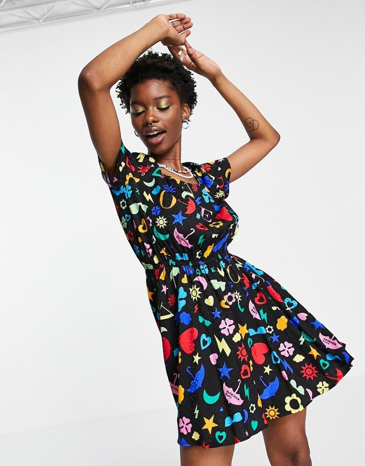 Love Moschino Allover Symbols Mini Dress In Multi-black
