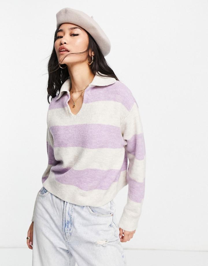 Pull & Bear Stripey Sweater With Collar In Lilac And Ecru-multi
