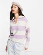 Pull & Bear Stripey Sweater With Collar In Lilac And Ecru-multi