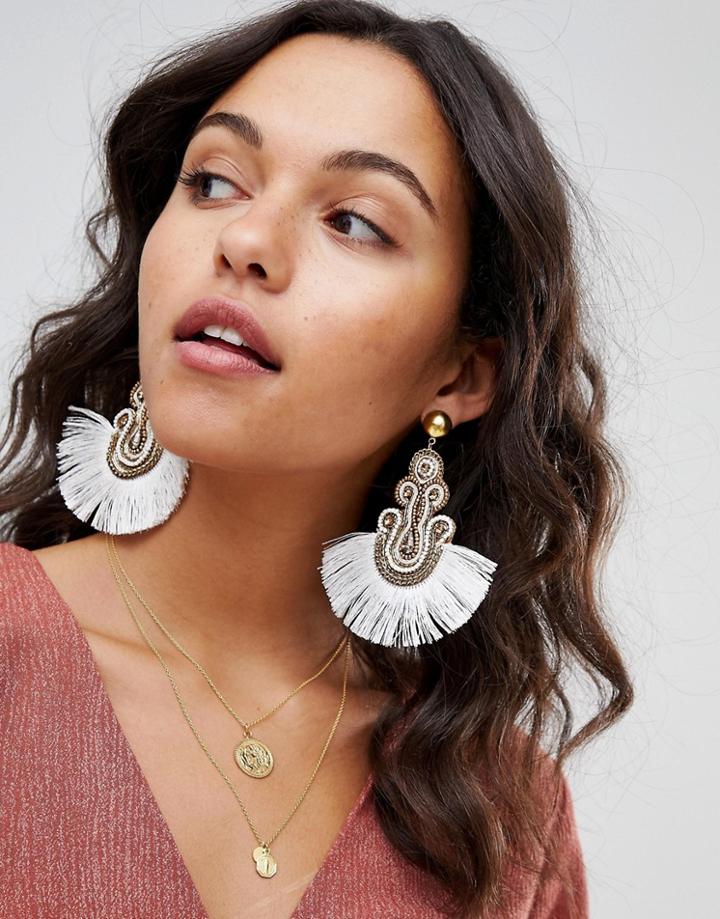 Asos Design Embroidered Tassel Earrings - Gold