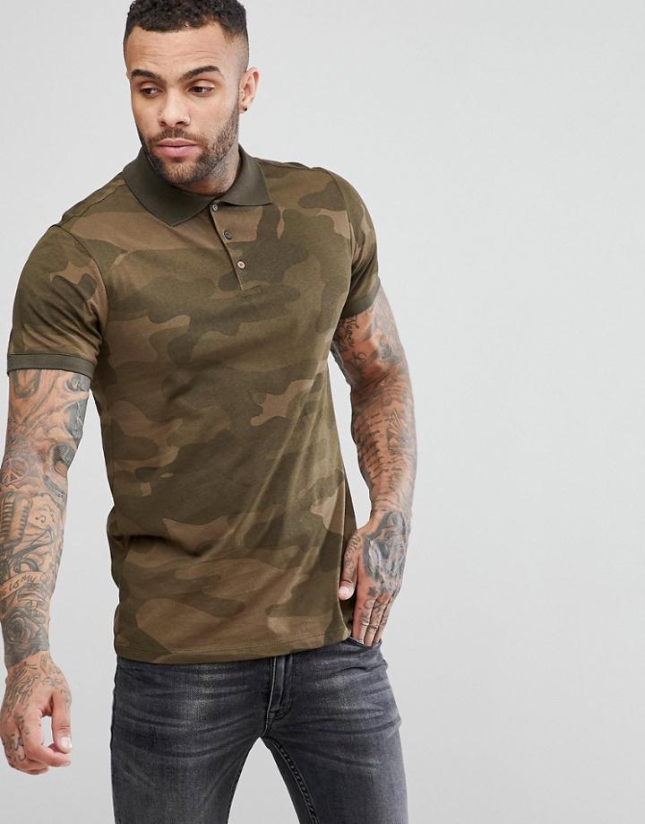 Pull & Bear Polo In Khaki Camouflage - Green