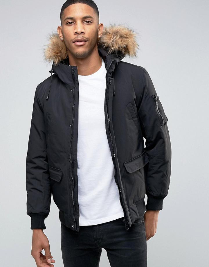 Only & Sons Padded Jacket With Faux Fur Trim Hood - Black