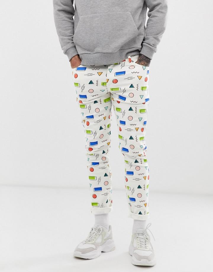 Asos Design Skinny Jeans In White With All Over Print - White