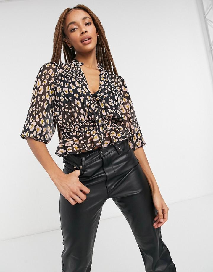 Asos Design Sheer Long Sleeve Top With Shirred Waist In Pink Leopard Print-multi