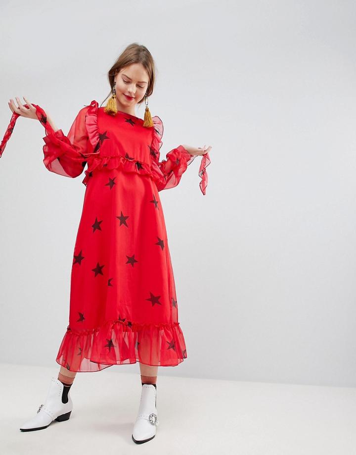 Sister Jane Midi Dress With Peplum Hem In Contrast Star Print - Red