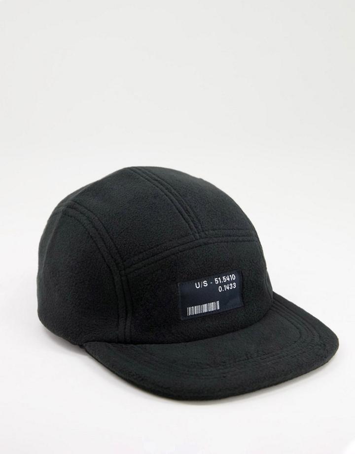 Asos Design 5 Panel Cap In Black Fleece With Branding