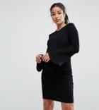 Asos Maternity Tall Mini Rib Bodycon Dress With Fluted Sleeves - Black