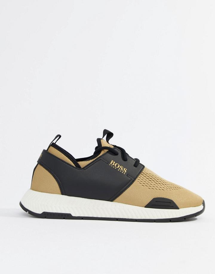 Boss Titanium Runn Knitted Sneakers In Gold - Gold