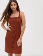 Asos Design Button Through Knitted Mini Dress In Natural Look Yarn-brown