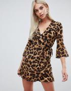Outrageous Fortune Ruffle Wrap Dress With Fluted Sleeve In Leopard-multi