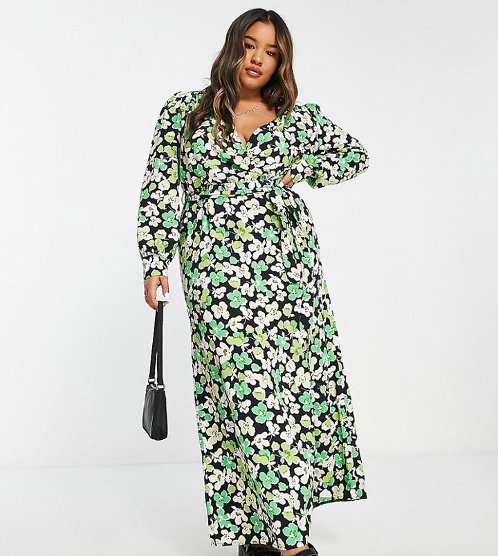 River Island Plus Wrap Front Floral Midaxi Dress In Green