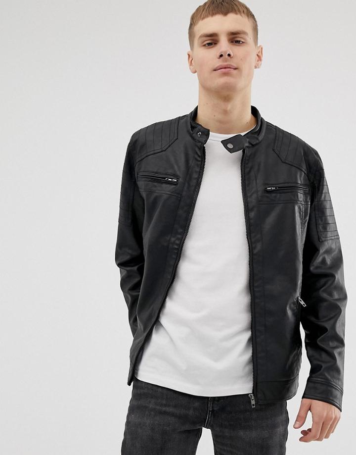 French Connection Two Pocket Faux Leather Biker Jacket-black