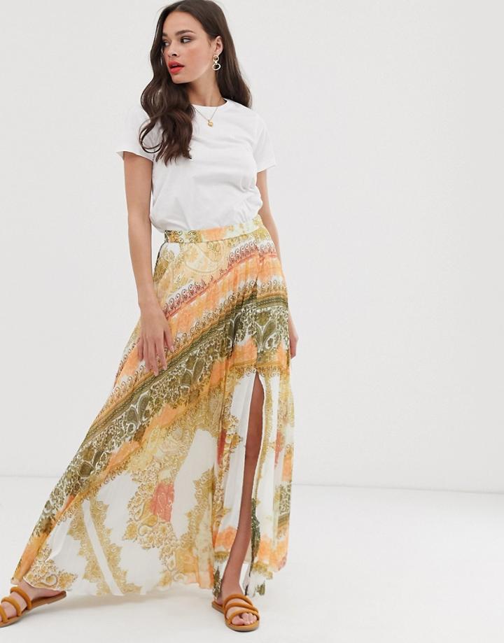Asos Design Pleated Maxi Skirt In Bright Orange Scarf Print-multi