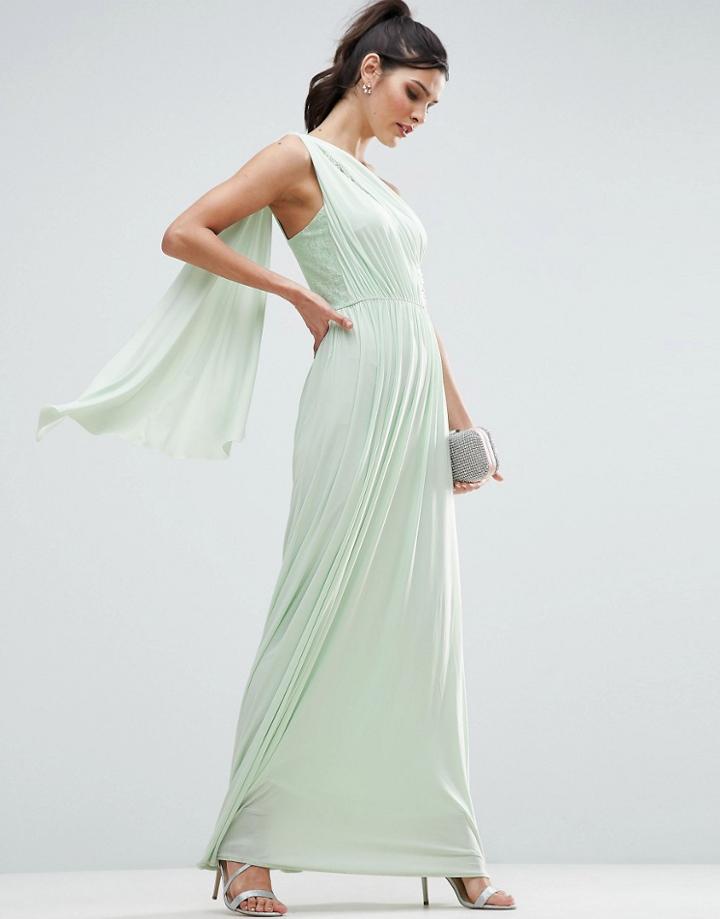 Asos Lace Insert Sash One Shoulder Maxi Dress - Green