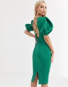 Asos Design Strappy Back Bubble Sleeve Midi Dress-green