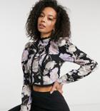 Asos Design Tall High Neck Floral Top With Lace Detail-multi