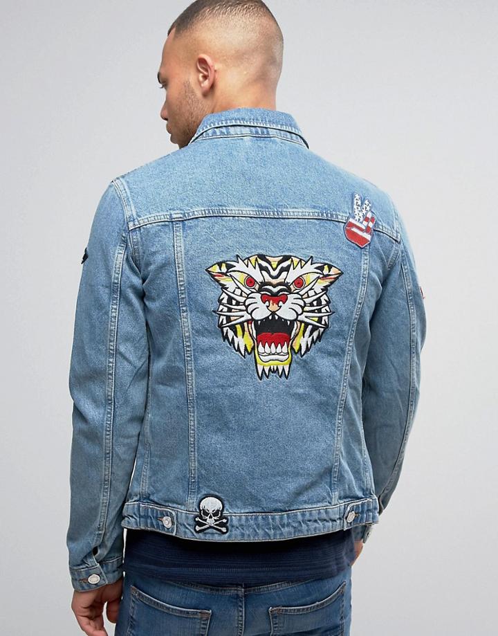 Jack & Jones Intelligence Denim Jacket In Light Blue Wash With Patches - Blue