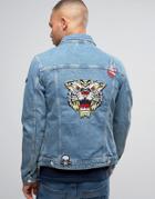 Jack & Jones Intelligence Denim Jacket In Light Blue Wash With Patches - Blue
